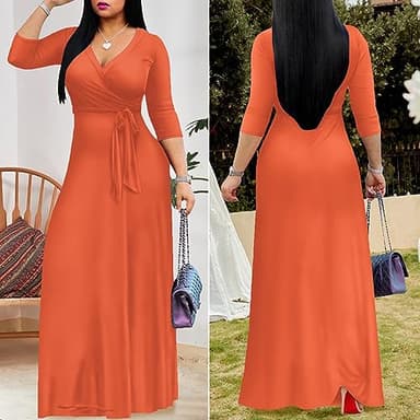 FANDEE Women's 2025 Maxi Dress - Solid Color Bohemian Summer Long Maxi Dress V-Neck 3/4 Sleeve Orange XL - Image 4