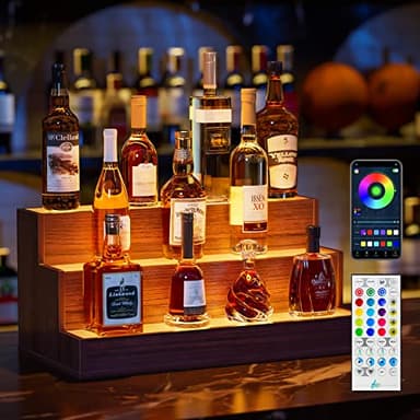Cubehom LED Lighted Liquor Bottle Display Shelf, 24 Inch Bar Display Shelf with App & Remote Control 3 Tier for Home Bar, Party, Walnut - Image 1