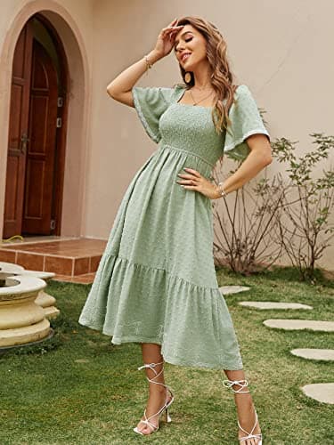 Glamaker Women's Summer Casual Short Sleeve Smocked Square Neck A Line Flowy Midi Dress Midi Dress - Image 3