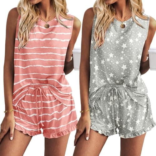 Ekouaer 2 Pack Women’s Pajama Set Print Sleepwear Tank Tops and Ruffled Shorts with Pockets Soft Loungewear Sets Outfits - Image 1