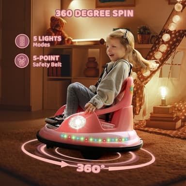 ELEMARA Bumper Car for Kids,1.9mph Max,12V Toddler Ride on Toys with Remote Control,2-Speed,2 Playing Modes,360 Degree Spin,Bumping Toy Gifts W/Bluetooth,5 LED Lights Modes,DIY Stickers,Pink - Image 6