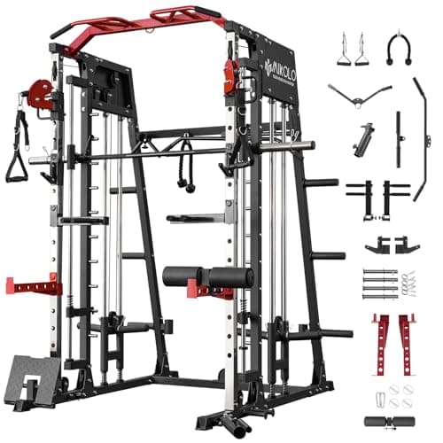 Mikolo Smith Machine, 2200lbs Squat Rack with LAT-Pull Down System & Cable Crossover Machine, Training Equipment with Leg Hold-Down Attachment - Image 1