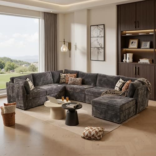 ovios Sectional Sofa Couch with U-Shape Chaise Sofa Bed, Comfy Modular Cloud Couches with Deep Seat, Modern Upholstered Plush Corduroy Sofas Set for Living Room, 7-Seater, Grey - Image 1