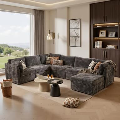ovios Sectional Sofa Couch with U-Shape Chaise Sofa Bed, Comfy Modular Cloud Couches with Deep Seat, Modern Upholstered Plush Corduroy Sofas Set for Living Room, 7-Seater, Grey - Image 1