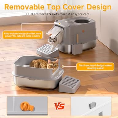 Stainless Steel Cat Litter Box with Lid, XL Extra Large Metal Litter Box for Big Cats, 180° Flip Cover Enclosed Top Entry Litter Boxs with High Sided Enclosure & Scoop, Non-Sticky, Anti-Leakage - Image 4