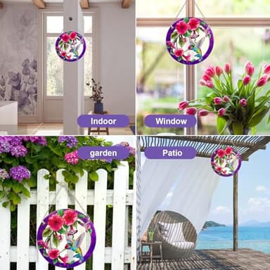 Stained Glass Window Hanging, Hummingbird Gifts for Women, Bird and Flowers Suncatcher for Window, 6" Purple Sun Catchers, Hand Painted Glass for Birds Lover (6 inch) - Image 7