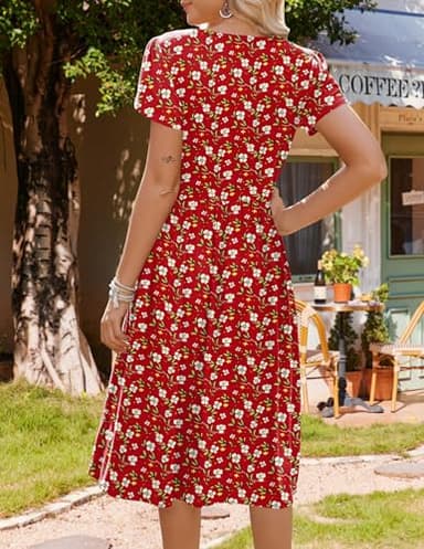 HOTOUCH Mid Length Dress for Women Ditsy Floral Dress Cotton Shirt Dress Midi Length Flowy Dress Holiday Vocation Sun Dress,XX-Large Red Flower - Image 3