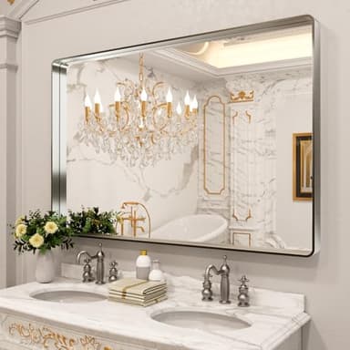 LOAAO 60X40 Inch Brushed Nickel Bathroom Mirror, Rounded Rectangle Silver Metal Frame Mirror, Brushed Nickel, Anti-Rust, Shatter Proof, Hangs Horizontally or Vertically - Image 8