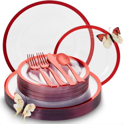 By Madee HEAVYWEIGHT 150 Pc Christmas Plates Dinnerware Set | Clear and Red Plastic Plates, Utensils & Gift Butterflies | Fancy Disposable Plates for Weddings, Birthdays & Holidays (25 Guests) - Image 1
