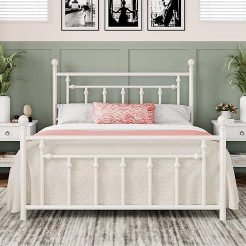 Allewie 14 Inch Queen Size Metal Platform Bed Frame with Victorian Vintage Headboard and Footboard/Mattress Foundation/Under Bed Storage/No Box Spring Needed/Easy Assembly/Noise Free/White - Image 1