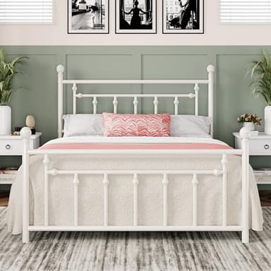 Allewie 14 Inch Queen Size Metal Platform Bed Frame with Victorian Vintage Headboard and Footboard/Mattress Foundation/Under Bed Storage/No Box Spring Needed/Easy Assembly/Noise Free/White - Image 1