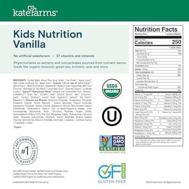 KATE FARMS Organic Kids Nutrition Vanilla Shake, 8g Protein, 27 Vitamins and Minerals, Meal Replacement, Gluten Free, Non-GMO, 8.45 oz (12 Pack) - Image 6