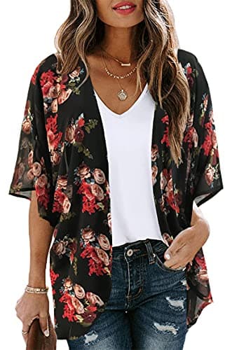 Women's Floral Print Puff Sleeve Kimono Cardigan Loose Cover Up Casual Blouse Tops(Black 3XL) - Image 1