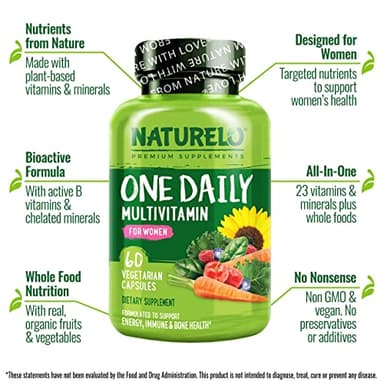 NATURELO One Daily Multivitamin for Women w/Vitamin B12, 60 Ct, Energy Support, Whole Food Daily Women Multivitamin Supplement, Nourish Hair/Skin/Nail, Non-GMO, No Soy, Gluten Free, 2 Month Supply - Image 2