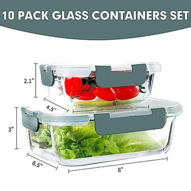 VERONES 10 Pack Glass Meal Prep Containers, Airtight Glass Lunch Containers, Stackable Glass Food Storage Containers Set with Lids,Exclusive of BPA,for Microwave, Oven, Freezer & Dishwasher,Grey - Image 3