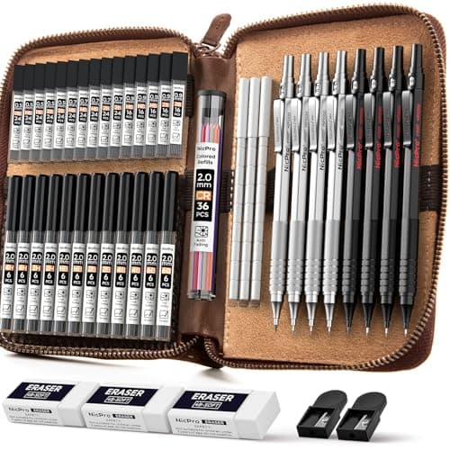 Nicpro 45PCS Black & Silver Metal Mechanical Pencil Set in Leather Case, Art Drafting Pencil 0.5, 0.7, 0.9 mm, 2mm Lead Holders for Sketching Drawing With 27 Tube (6B 4B 2B HB 2H 4H Colors)Lead Refill - Image 1
