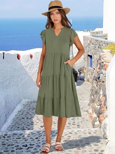 ANRABESS Womens Summer Dress Ruffle Sleeve V Neck Midi Dresses Fashion Casual Fit Flowy Tiered Boho Beach Vacation Sundress Olive-XL - Image 2