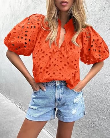 PRETTYGARDEN Women's Summer Tops 2025 Dressy Casual Short Sleeve V Neck Buttons Hollow Out Lace Embroidered Blouses Shirts (Orange,Large) - Image 8