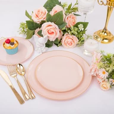YOUBET 125PCS Pink Plastic Plates - Pink Disposable Plates With Gold Rim - Pinks and Gold Plates Include 25 Dinner Plates, 25 Dessert Plate, 75 Cutlery for Party Wedding Birthday - Image 4