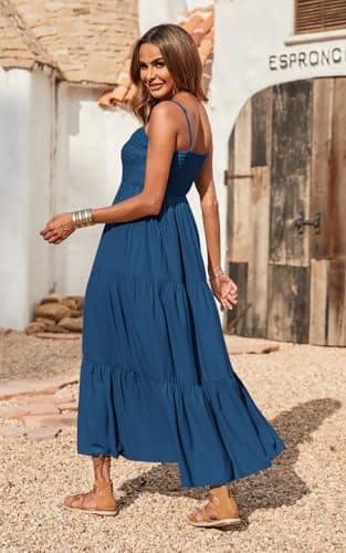 PRETTYGARDEN Summer Dresses for Women 2025 Spaghetti Strap Floral Maxi Dress Sleeveless Smocked Tiered Long Beach Sundress (Dark Blue,L) - Image 2