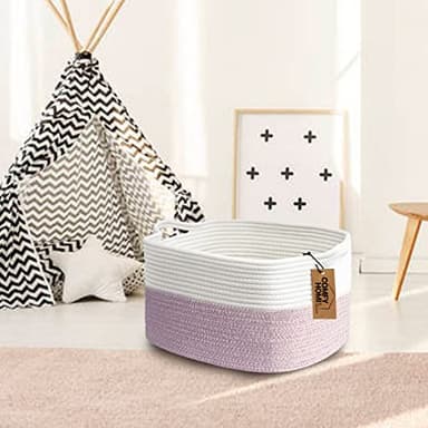 COMFY-HOMI Cotton Rope Woven Medium Basket with Handles for shelf,Cloth Storage Basket for Organizing-13.5X11X9.5 Storage Bin for Bedroom, Newborn or Infant Gift for boy girl (White/Pink) - Image 4
