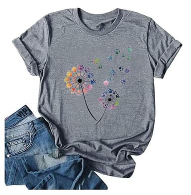Anbech Womens Dandelion Graphic Cotton Tshirts Loose Fit Cute Paw Print Casual Tee Tops (Grey, XL) - Image 1