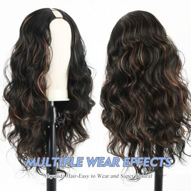 Mayouda Long V Part Body Wavy Wig With Black With Highlight Brown Upgrade U Part Synthetic Water Wavy Wigs for Black Women Full Head Clip In Hair Glueless Synthetic Wigs (Black Mix Brown) - Image 6