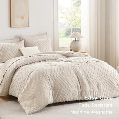 Andency King Size Comforter Set Beige, Boho Cream Soft Warm Tufted Neutral Bedding Comforter Sets for King Size Bed, 3 Pieces Aesthetic Chevron Farmhouse Cute Bohemian Textured Bedding Set - Image 3