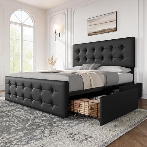 IDEALHOUSE Queen Size Bed Frame with 4 Storage Drawers and Headboard, Faux Leather Upholstered Platform Bed Frame with Wooden Slats Support, Button Tufted Design, No Box Spring Needed, Black - Image 1