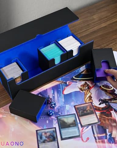 UAONO Card Deck Box with Dice Tray for MTG, 5 in 1 Card Deck Case Holds 800+ Unsleeved Cards, Strong Magnet Organizer Compatible with Yugioh TCG Sports Cards (Black Blue) - Image 2