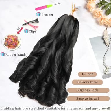 French Curl Braiding Hair 12Inch 8Packs French Curl Crochet Braids Short Curly Crochet Hair Bouncy Synthetic knotless Braiding Extensions(1B, 12inch) - Image 2