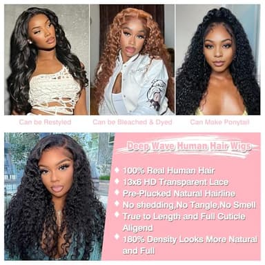 Nsvnsv 13x6 Deep Wave Lace Front Wigs Human Hair HD Full Lace Frontal Wigs Pre Plucked Bleached Knots 180% Density Deep Curly Human Hair Wig Natural Color 32Inch - Image 7
