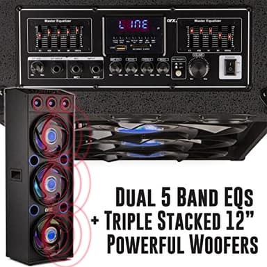 QFX SBX-412300BT TWS Bluetooth Triple 12” Woofer Triple 1” Tweeter Recording High-Performance PA Cabinet Speaker with 10-Band Graphic EQ, 2 Microphone Inputs, Guitar Input, and AUX Input, Blue - Image 5