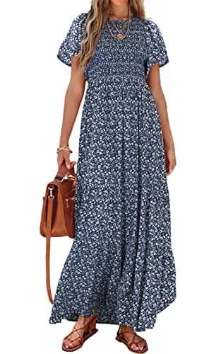 PRETTYGARDEN Women's Summer Casual Flutter Short Sleeve Boho Floral Maxi Dress Crew Neck Smocked Tiered Long Dresses (Navy,Large) - Image 1