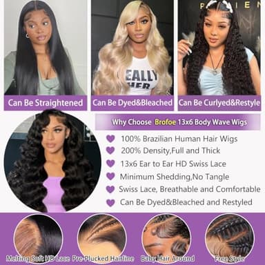 Brofoe 13x6 Lace Front Wigs Human Hair 200 Density Body Wave HD Lace Front Wigs Human Hair Pre Plucked Natural Color Glueless Wigs for Women 34 Inch - Image 2