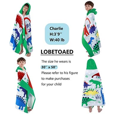 LOBETOAED Kids Hooded Beach Bath Towel, Baby Surf Poncho Toddlers Soft Real Cotton Wrap Changing Robe for Boy Girl Shower/Beach/Pool Child Cover ups 50"x30" Large Towel Wrap, Dinosaur Pattern - Image 4
