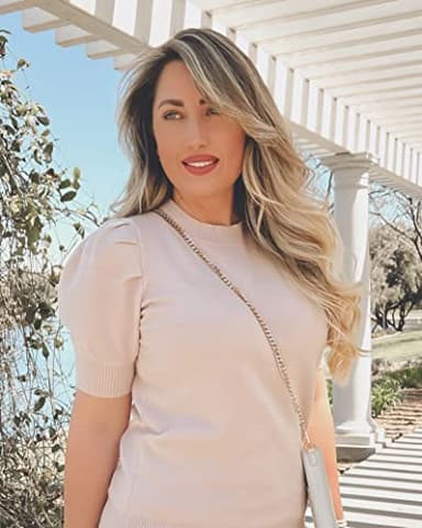 Women's Puff Short Sleeve Sweater Tops 2025 Spring Summer Trendy Crew Neck Casual T Shirts Blouses A-Beige - Image 5