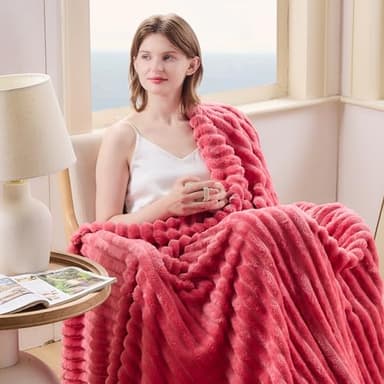 NEWCOSPLAY Super Soft Queen Blanket Coral Pink Premium Silky Flannel Fleece 3D Ribbed Jacquard Lightweight Bed Blanket All Season Use (Coral Pink Ribbed, Queen(90"x90")) - Image 8