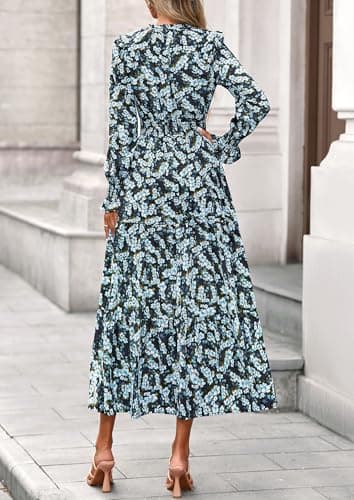 PRETTYGARDEN Women's Floral Maxi Dress 2025 Fall Long Sleeve V Neck Casual A Line Long Flowy Boho Party Dresses (Floral Blue Yellow,Medium) - Image 6