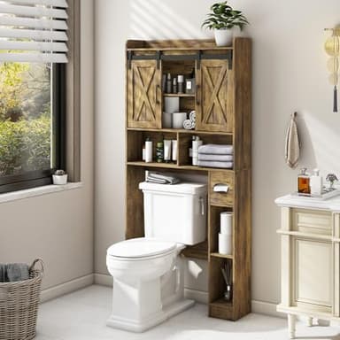 Vabches Over The Toilet Storage Cabinet, Farmhouse Storage Cabinet Over Toilet with Sliding Doors & Toilet Paper Holder Stand,Home Space-Saving Toilet Rack, for Bathroom, Restroom, Laundry - Image 1