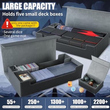 Trading Card Storage Box, 2200+ MTG Deck Box Leather Magnetic Closure Commander Deck Box, Holds 5 Small Deck Boxes, Includes 1 Small Box, 8 Dividers, 1 Foam Stopper, 1 Toploader, Black/Grey - Image 2