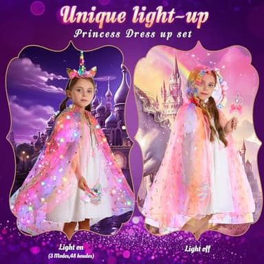 Fedio Princess Dress up for Girls,Unicorn Light up Princess Cape Set,Light up Princess Dress with Unicorn Toys for Girls 3-8 Halloween - Image 3