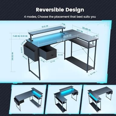 Gaming Desk, 47 inch L Shaped Gaming Desk, Computer Desk with LED Lights & Adjustable Stand, Power Outlets, Storage Drawer, Reversible with Shelves, Hook, Black Carbon Fiber - Image 3