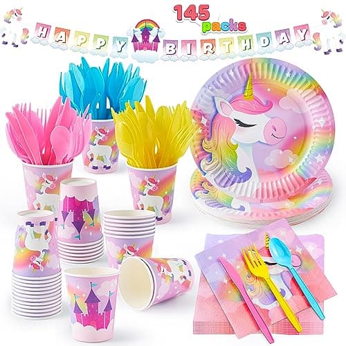 JOYIN 145 Pcs Unicorn Birthday Party Supplies with Unicorn Banner for Girls, 24 Serves Unicorn Disposable Tableware Set with Plates , Cups, Napkins, and Cutlery Sets for Unicorn Themes Party Kids - Image 1