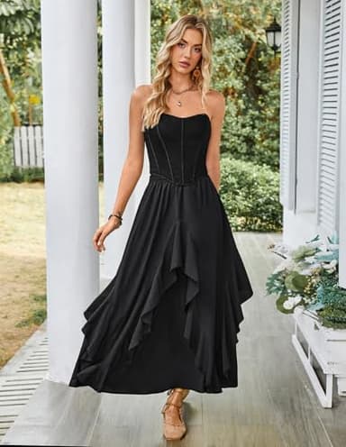 Women Summer Casual Long Skirt A Line Swing Ruffled Skirt with Pockets Black XL - Image 5