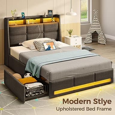 Rolanstar Twin Size Bed Frame with LED Lights and Charging Station, Upholstered Bed Storage Headboard & Drawers, Heavy Duty Wood Slats, Easy Assembly - Image 8