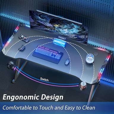 HLDIRECT 40 INCH Gaming Desk with LED Lights, Home Office Gamer Desk, Ergonomic Computer Table with Large Carbon Fiber Desktop, Office Workstation, Cup Holder & Headphone Hook, Black - Image 5