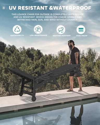 SERWALL Patio Chaise Lounge Chair Set of 2, 78'' Long 5-Positions Adjustable HDPE Outdoor Lounge Chair with Rolling Wheels & Cup Holder for Poolside, Deck, Obsidian Black - Image 7