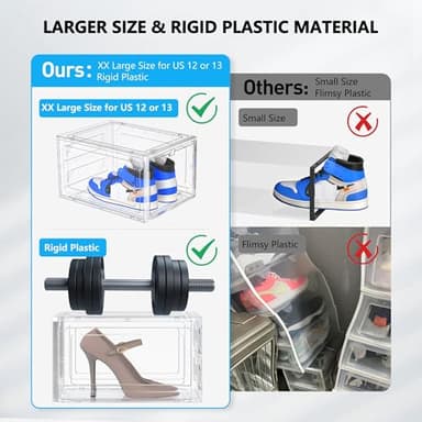 Kjfeoiye 12 Pack Hard Sturdy Thickened Rigid XX Large Shoe Storage Organizer for Closet, Clear Stackable Sneaker Shoe Boxes Rack Containers Display Case Bins with Lids, White - Image 6