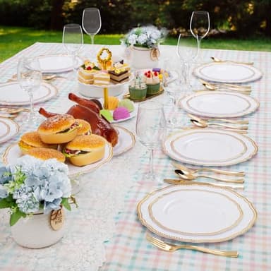 Hioasis 60pcs Gold Plastic Plates - White and Gold Disposable Dinnerware with Gold Rim, Heavy-duty, 10.25 inch, Dinner Plates for Party & Wedding - Image 8